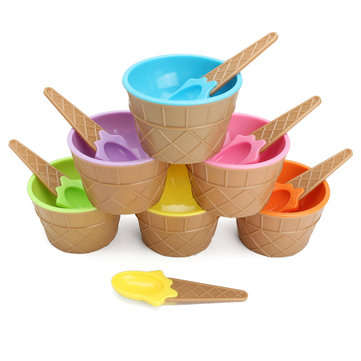 6PCS Children`s Plastic Ice Cream Bowls Spoons Set Durable Ice Cream Cup Dessert Bowl