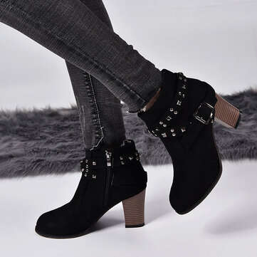Large Size Women Fashion Suede Rivet Zipper High Chunky Heel Short... (SIZE: 9 | SHOE COLOR: BLACK)