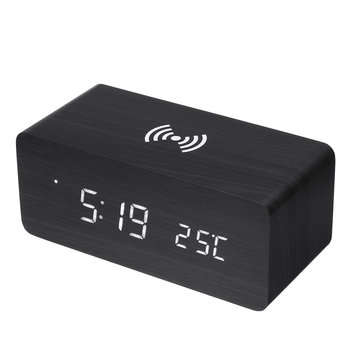 3in1 20W Qi Wireless Charge Clock Voice Control Digital LED Desk Wooden Alarm With Thermometer Xmas