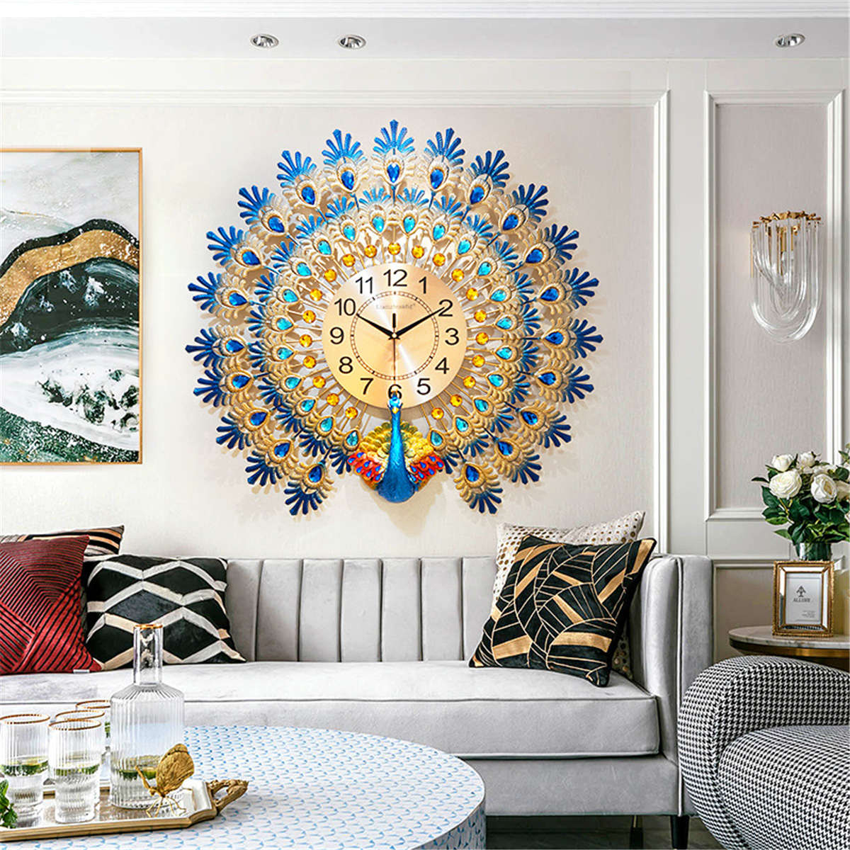 70*65cm Modern Large Peacock Wall Clock Quartz Clock Living Room Mute Home Decor...