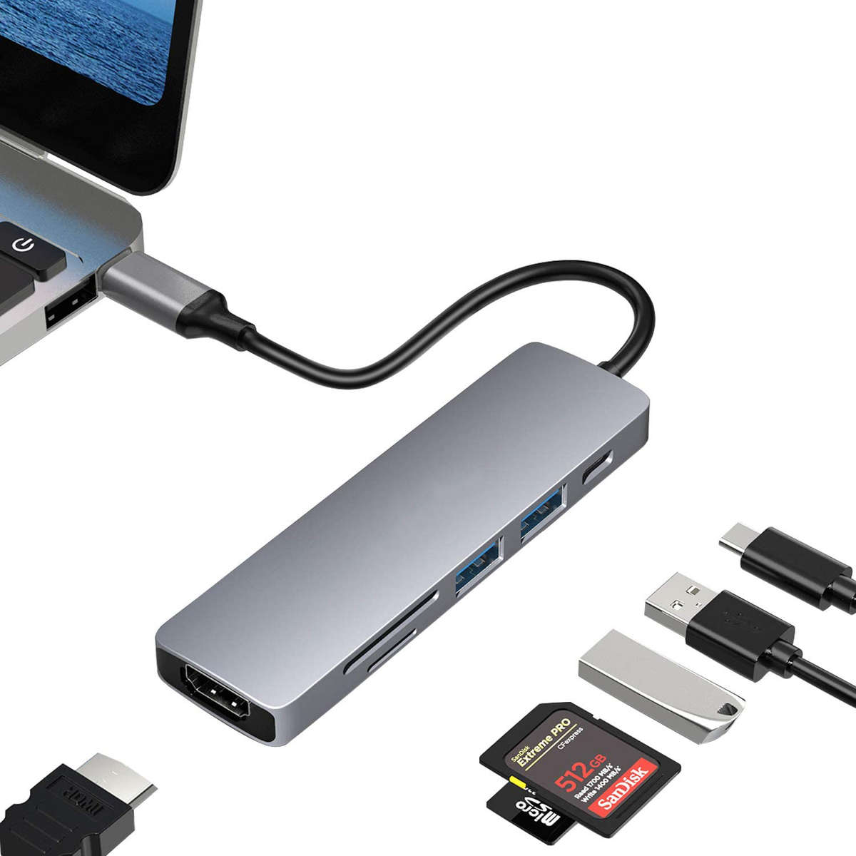Pobod PB-C1415 6 in 1 4K USB-C Hub Docking Station Adapter with 1*HDMI/ 1*USB 3.0/ 1*USB 2.0/ 1*TF/