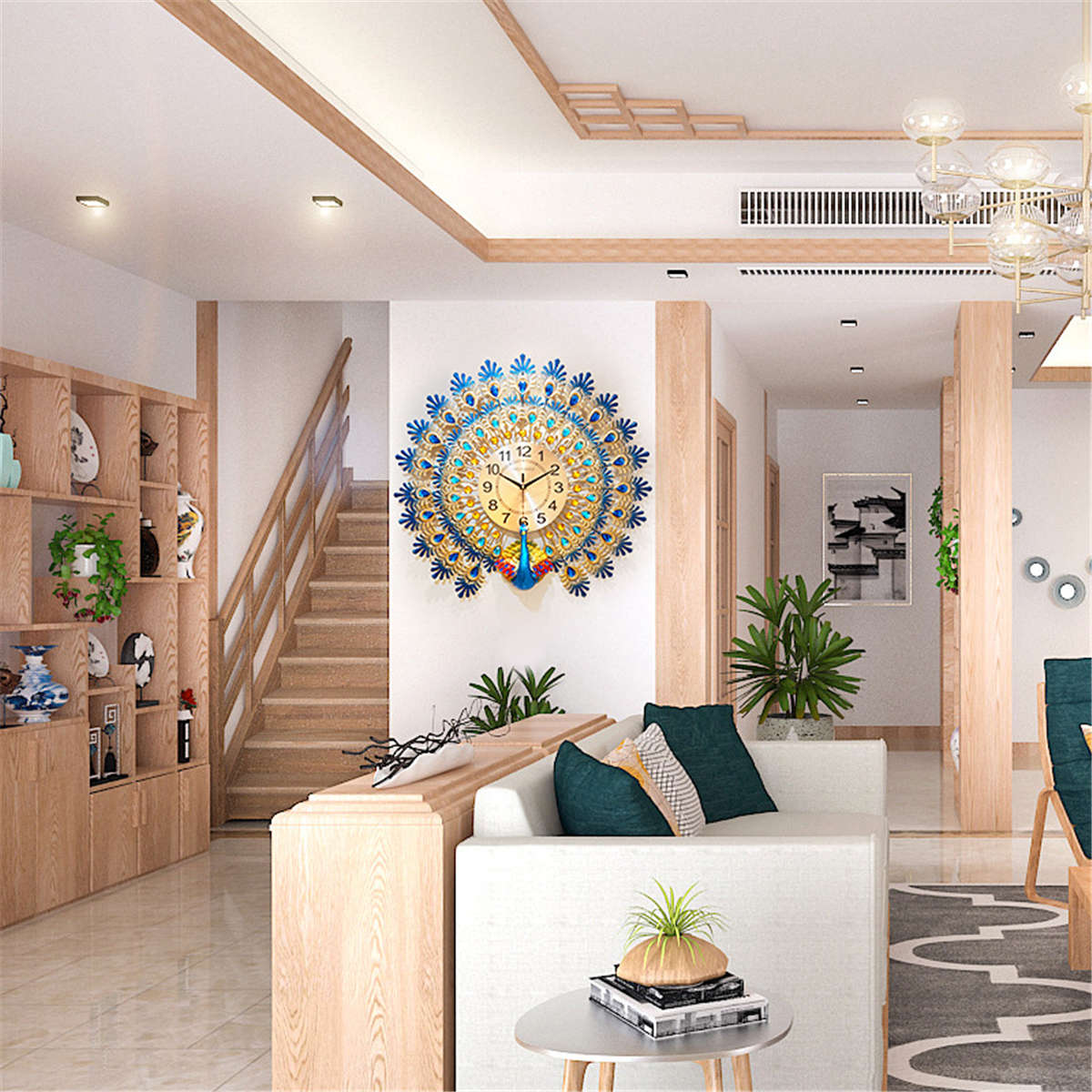 70*65cm Modern Large Peacock Wall Clock Quartz Clock Living Room Mute Home Decor...