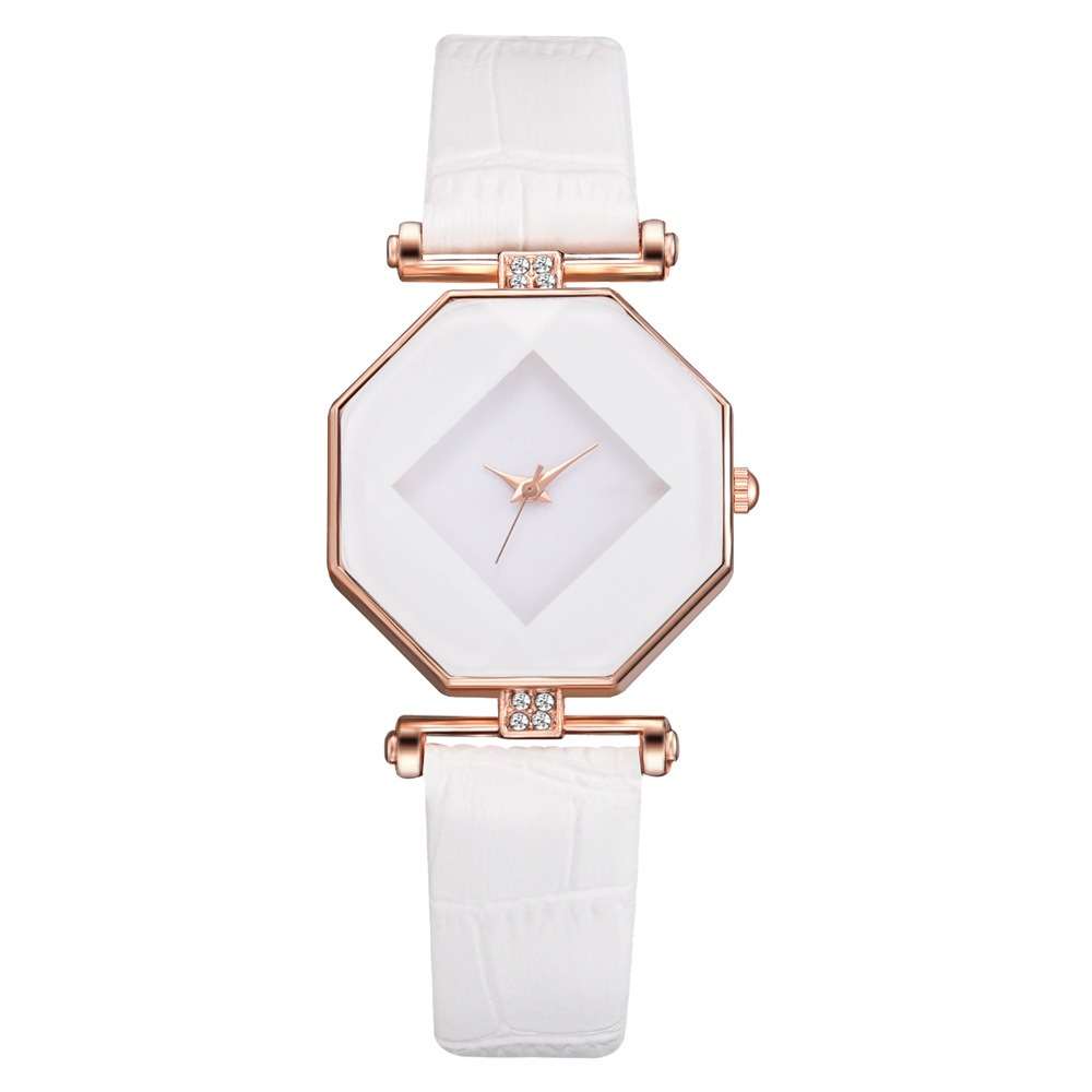 Fahion Diamond Mirror Watch Ladies Dress Ultra-thin Leather Women Quartz Watch (Color White)