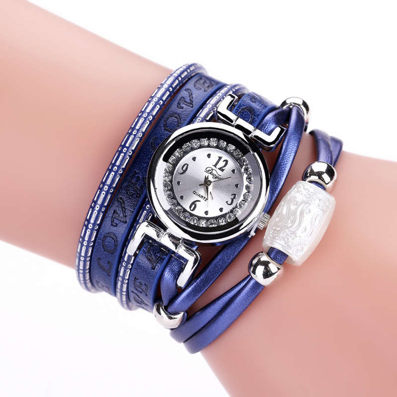 Fashion Luxury Rhinestone PU Leather Women Quartz Watch Bracelet Watch