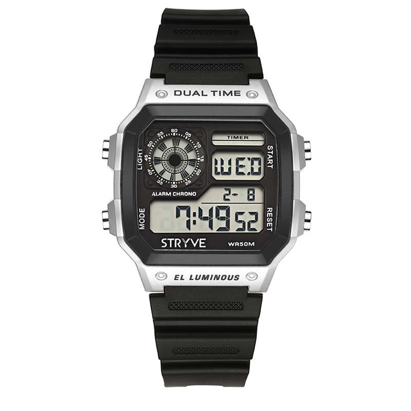 STRYVE S8013 Black Strap Luminous Display Alarm Clock Countdown Date Wekk Men Digital Watch