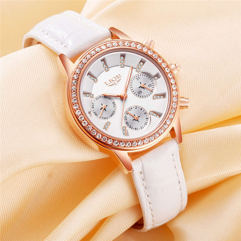 New LIGE 9812 Elegant Design Date Display Ladies Wrist Watch Diamonds Leather Ba