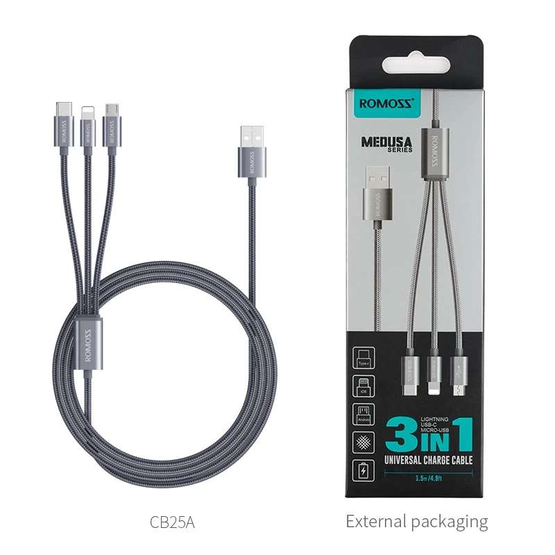 ROMOSS CB25A 3 in 1 for Lightning Type-C Micro USB 2.1A USB Cable for Samsung Galaxy S21 Note S20 ul