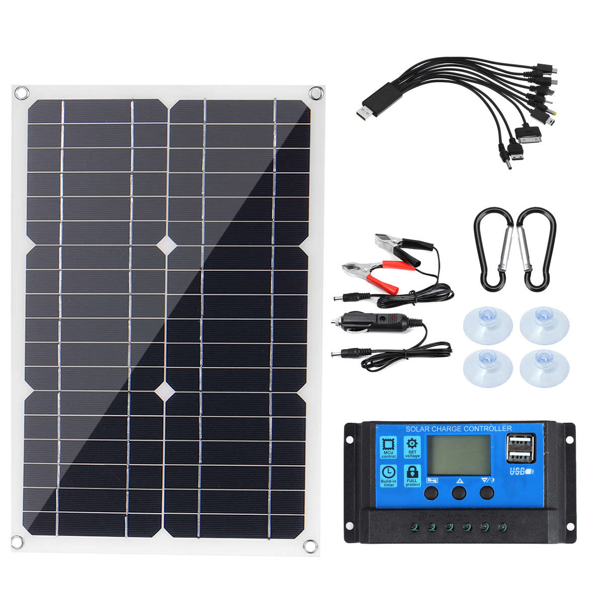 200W Portable Solar Panel Kit Dual DC USB Charger Kit W/ None/10A/30A/60A/100A
