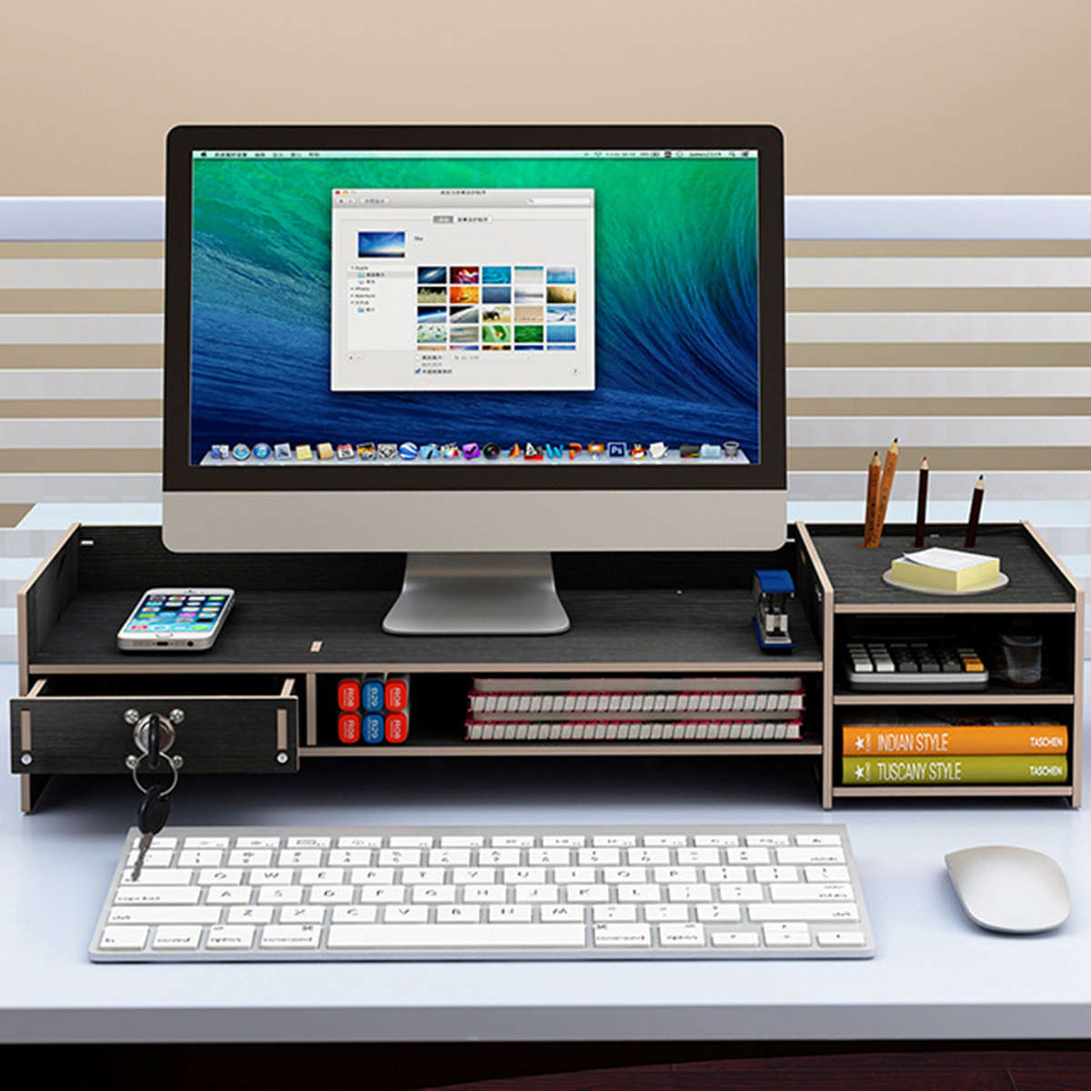 Wood Computer Monitor Stand Riser Desktop LED LCD Monitor Support Holder File Storage Drawer