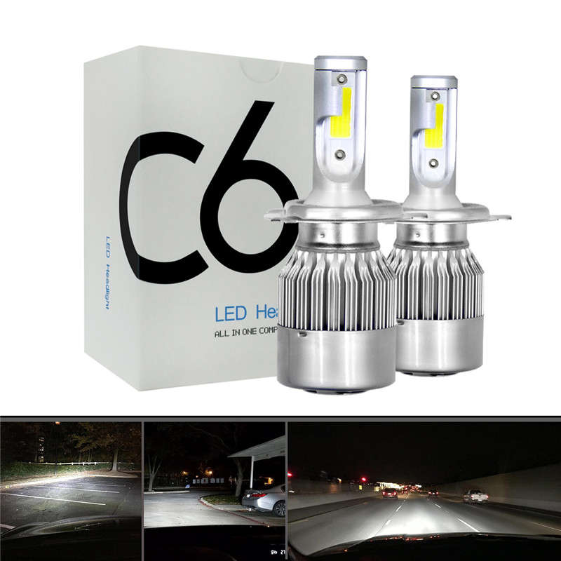 2pcs 12V/24V C6 LED Bulb H1/H4/H7/H11/9005/9006 White Headlights 72W 7200Lm