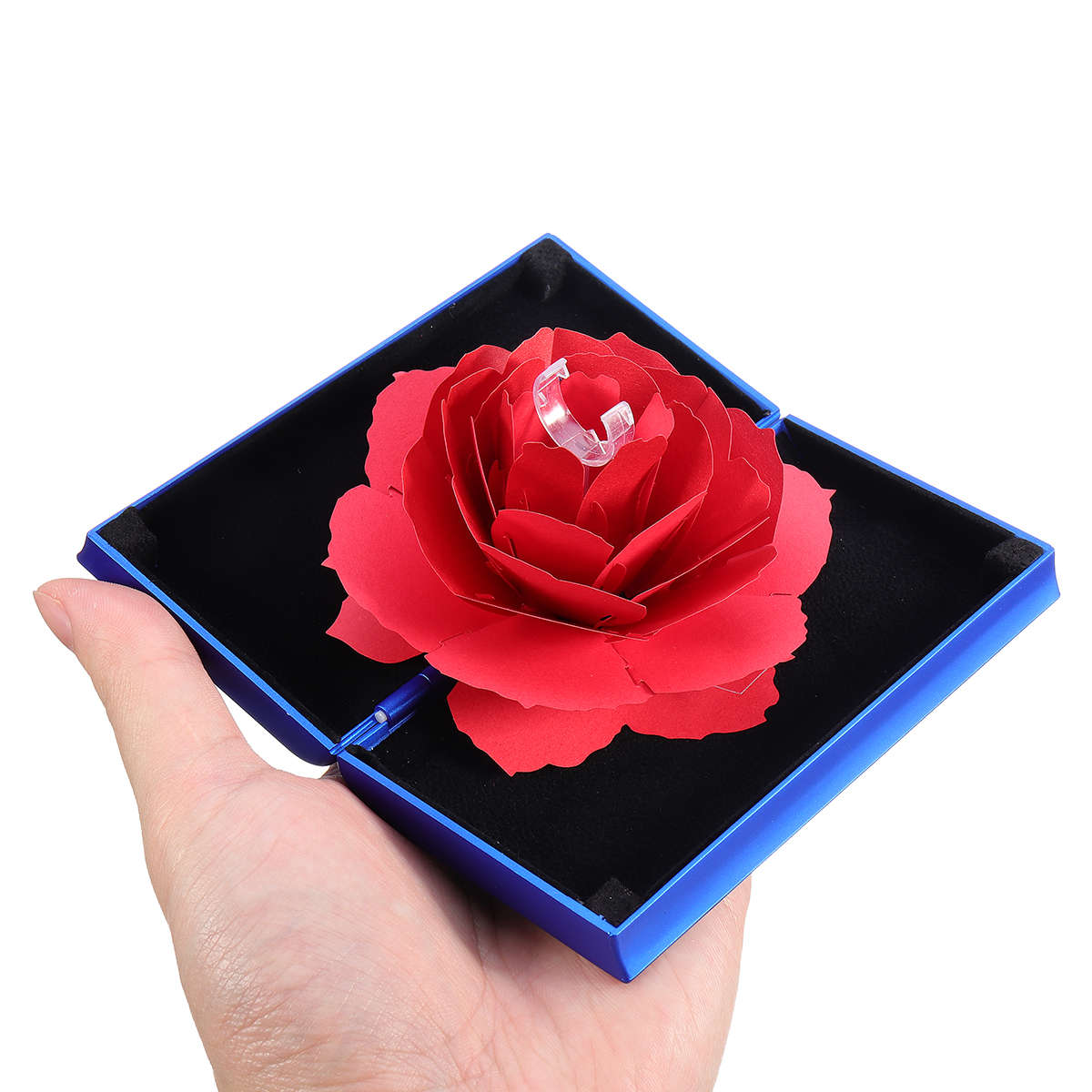 New Folding Rotating Rectangle Rose Ring Box Birthday Valentine's Day Jewelry Bo