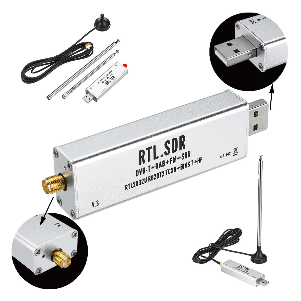 RTL-SDR V3 RTL2832 1PPM TCXO HF BiasT SMA Software Defined Radio + Antennas