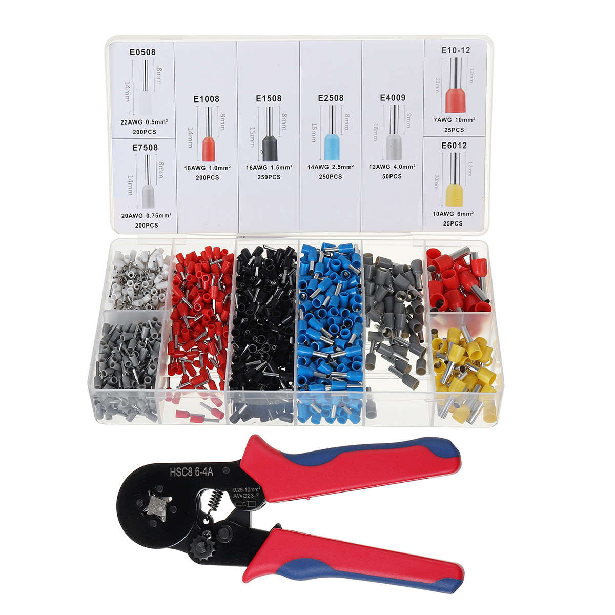 0.25-10mm Adjustable Crimper 1200PCS Wire Terminals Crimping Plier Tools Set (Type A)