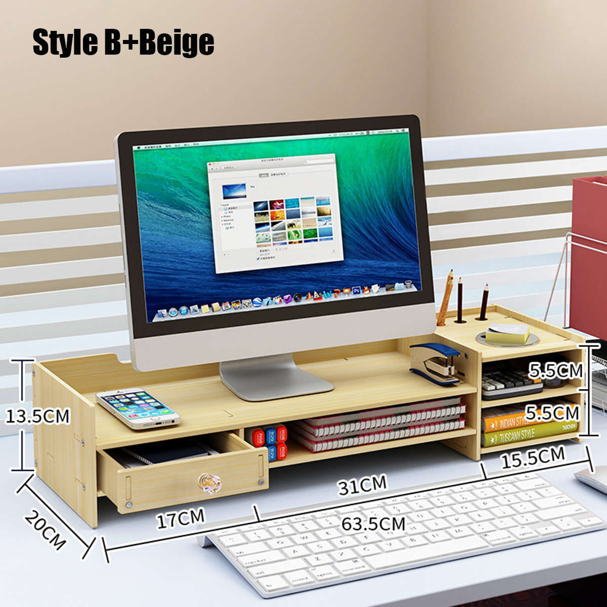 Wood Computer Monitor Stand Riser Desktop LED LCD Monitor Support Holder File Storage Drawer