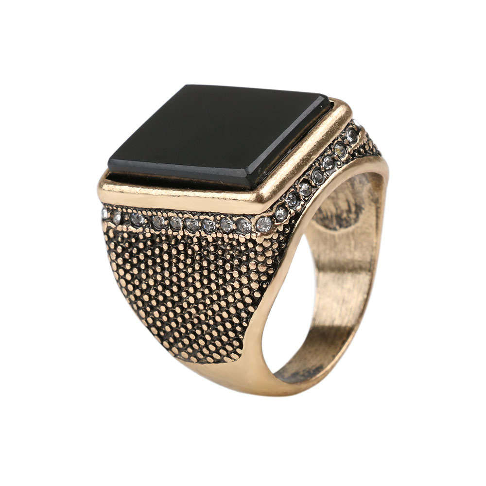 20mm Punk Resin Black Color Geometry Rhinestone Ancient Gold Finger Ring for Men