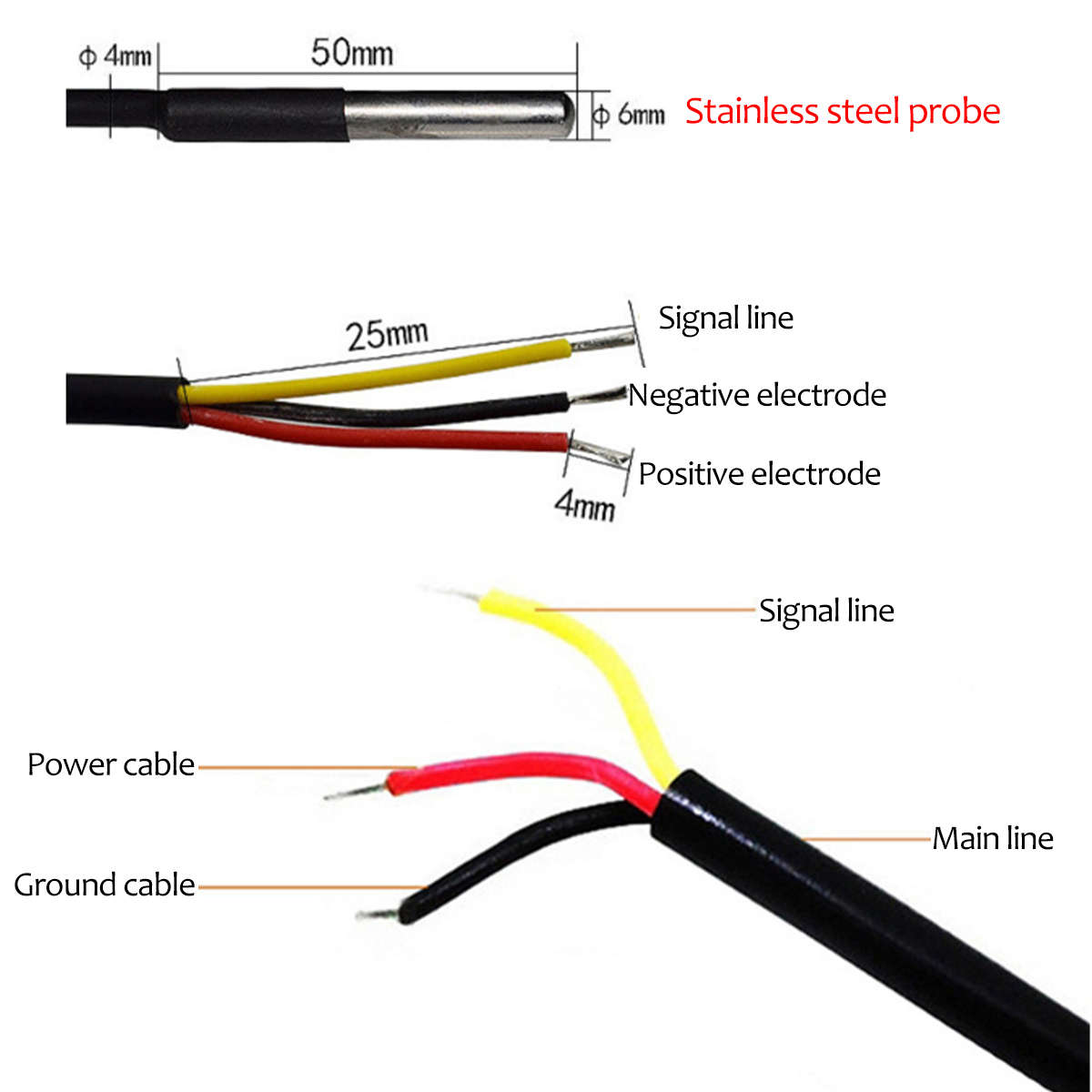 1/2 Meters Waterproof Temperature Probe -55 ~+125  DS18B20 Temperature Sensor (Cable Length 2M)