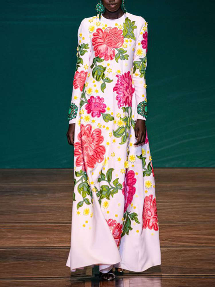 Women Floral Print Long Sleeve Crew Neck Elegant Maxi Dress