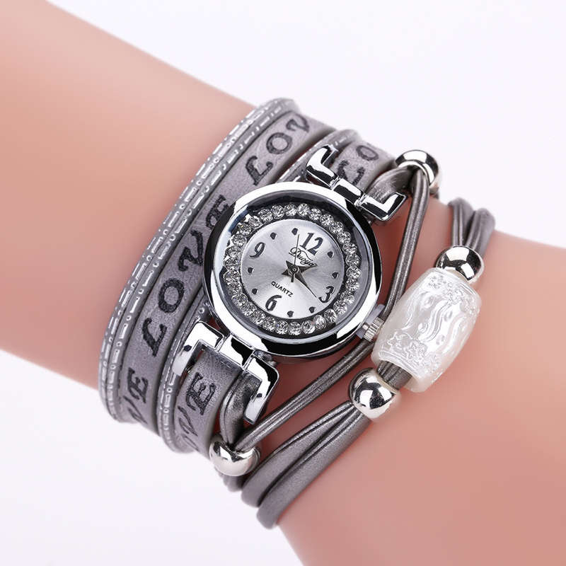 Fashion Luxury Rhinestone PU Leather Women Quartz Watch Bracelet Watch