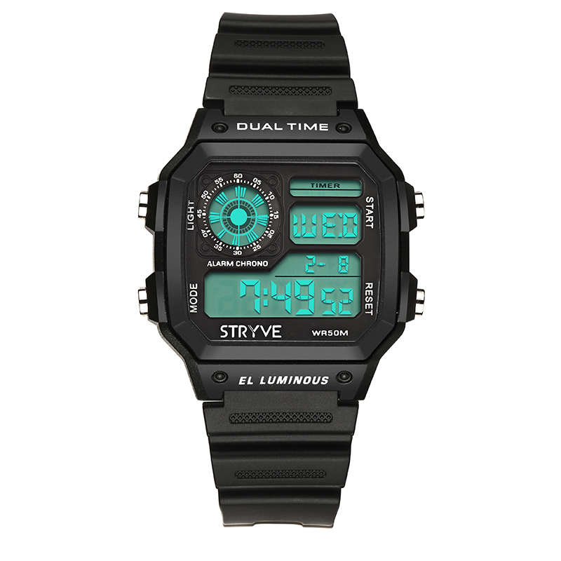 STRYVE S8013 Black Strap Luminous Display Alarm Clock Countdown Date Wekk Men Digital Watch