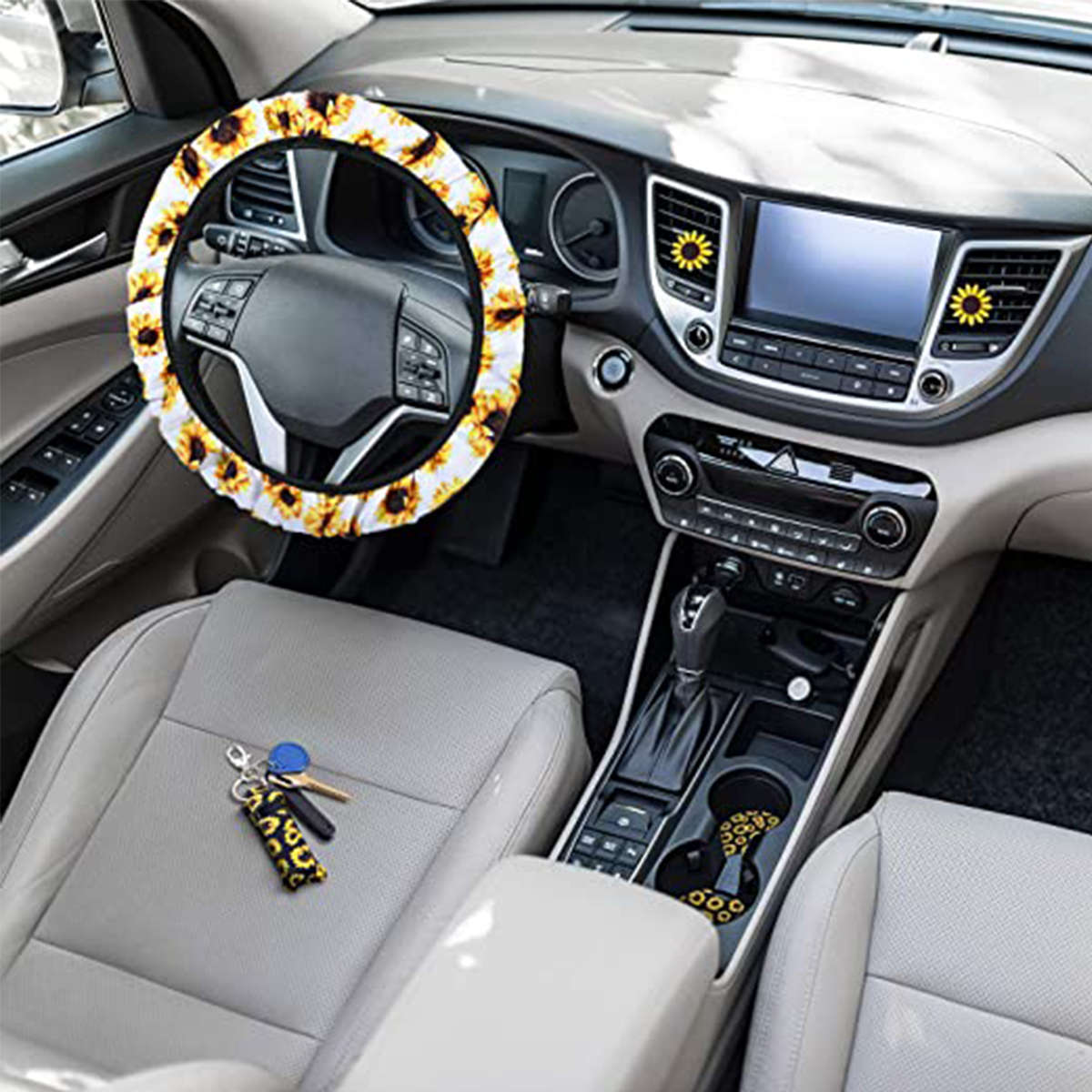 10pcs Sunflower Car Accessories Including Sunflower Steering Wheel Cover