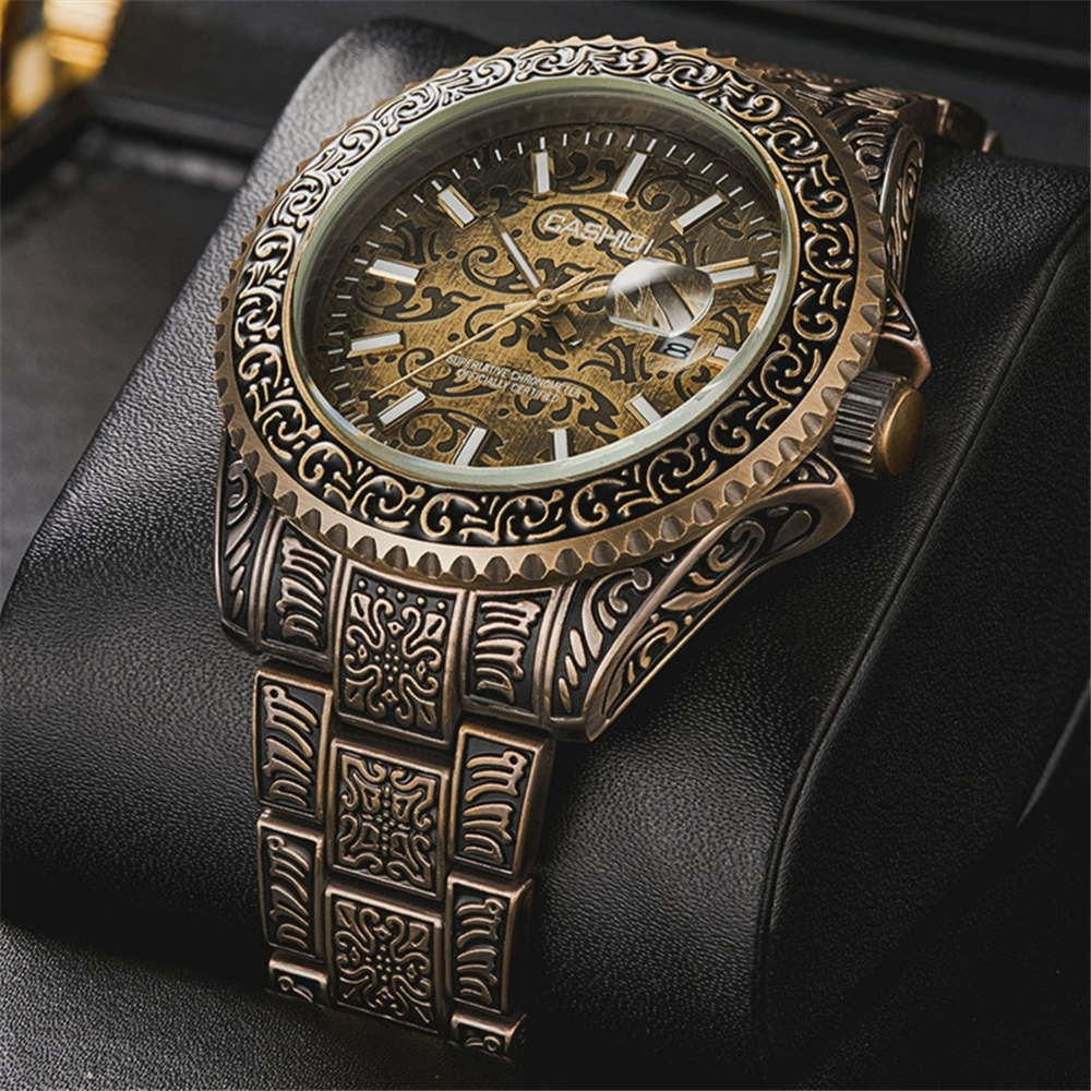 CASHIQI Fashion Luxury Retro Design Calendar Luminous 3ATM Waterproof Stainless Steel Band Men Quart