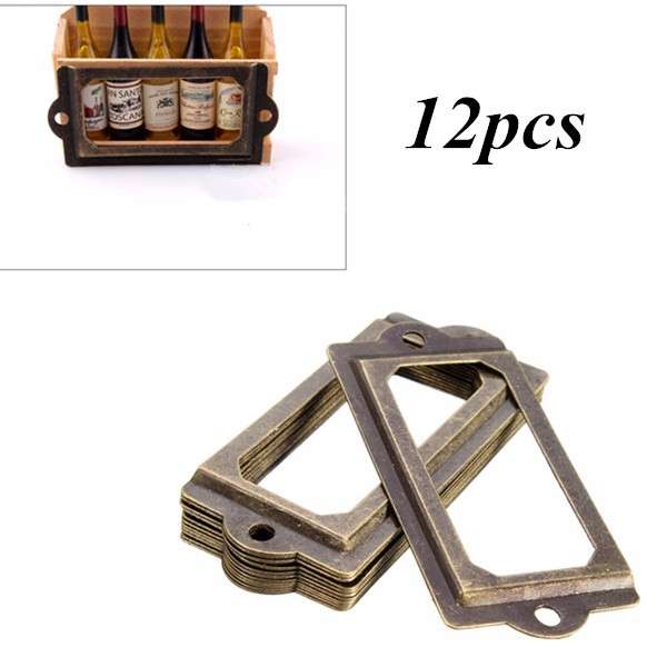 12Pcs Antique Brass Metal Label Pull Frame Handle File Name Card Holder For Furniture Cabinet Drawer
