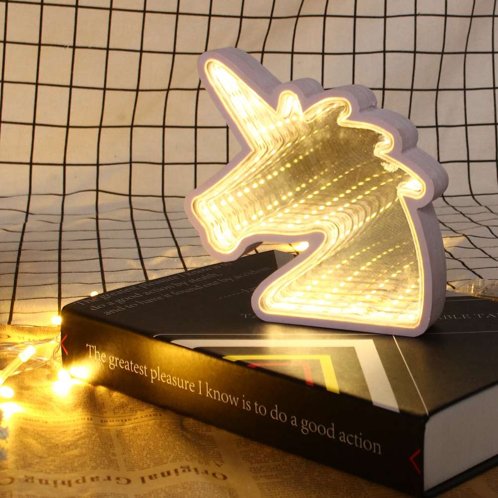 Creative Cute Unicorn Mirror Lamp LED Tunnel Night Light for Kid Atmosphere Ligh