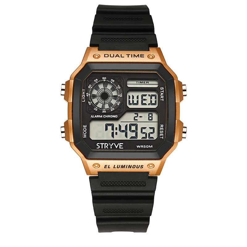 STRYVE S8013 Black Strap Luminous Display Alarm Clock Countdown Date Wekk Men Digital Watch