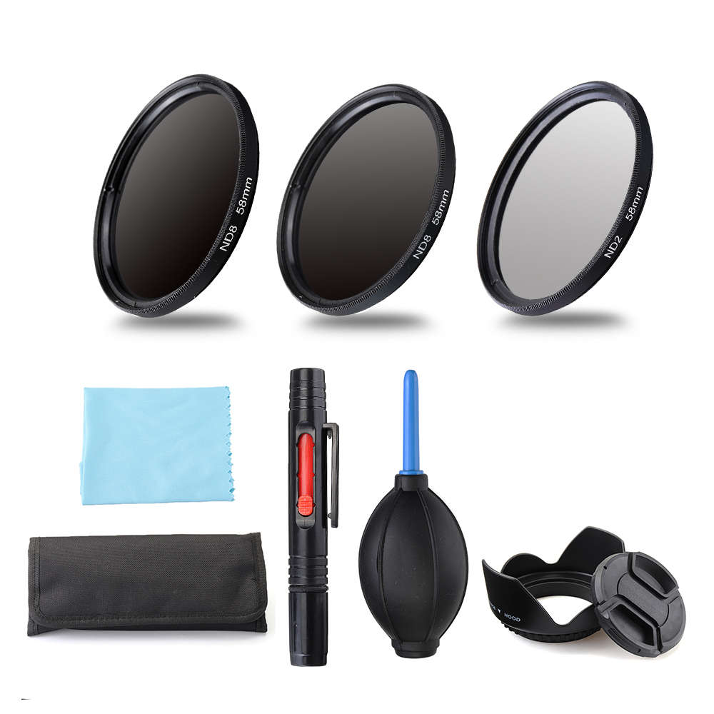 ND2/4/8 49/52/55/58/62/67/72/77mm Lens Filter Storage Bag Lens Hood Cap Blower Brush Kit (Size 55mm)