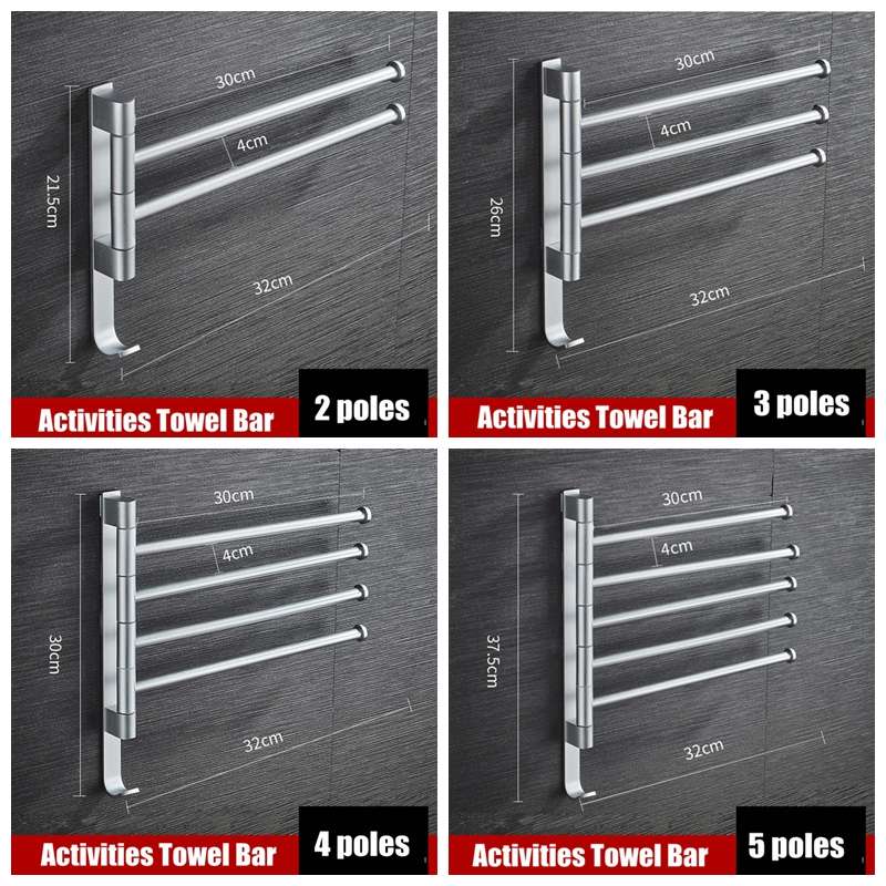 2-5 Rack Black Wall-Mounted 180 Angle Towel Rack Holder Hook Hanger Rotating Bar Bathroom Kitchen