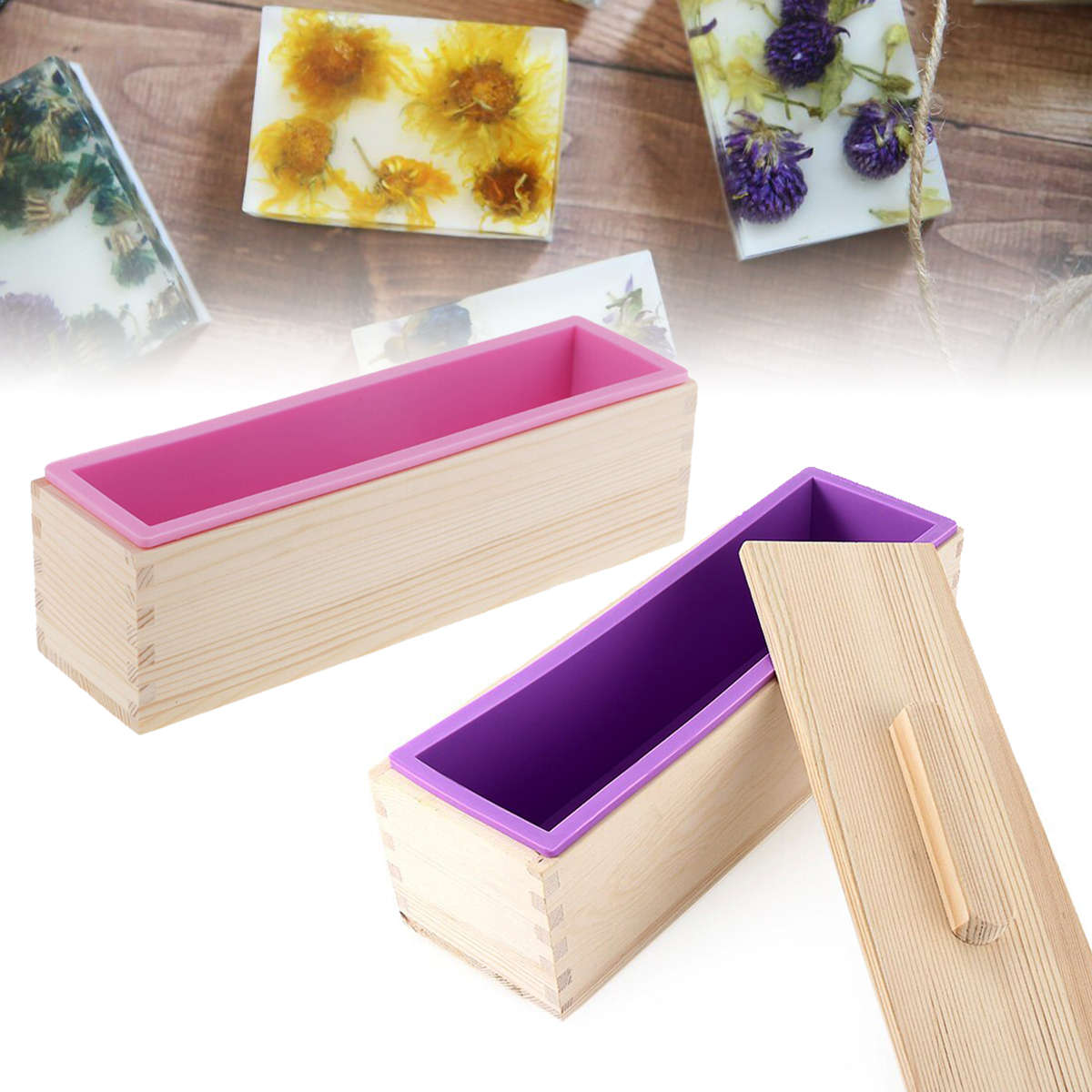 New Wood Loaf Soap Mould with Silicone Mold Cake Making Wooden Box Soap (Type5 pink (silicone mold))