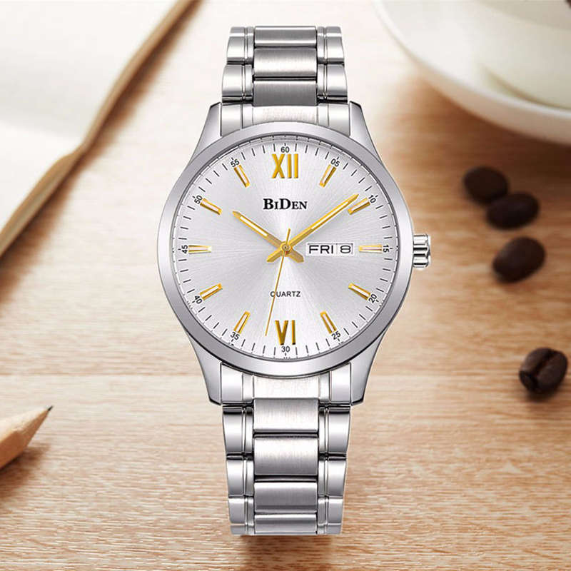 BIDEN 0032 Full Steel Waterproof Men Watch Casual Style Calendar Quartz Watches (Color Silver)