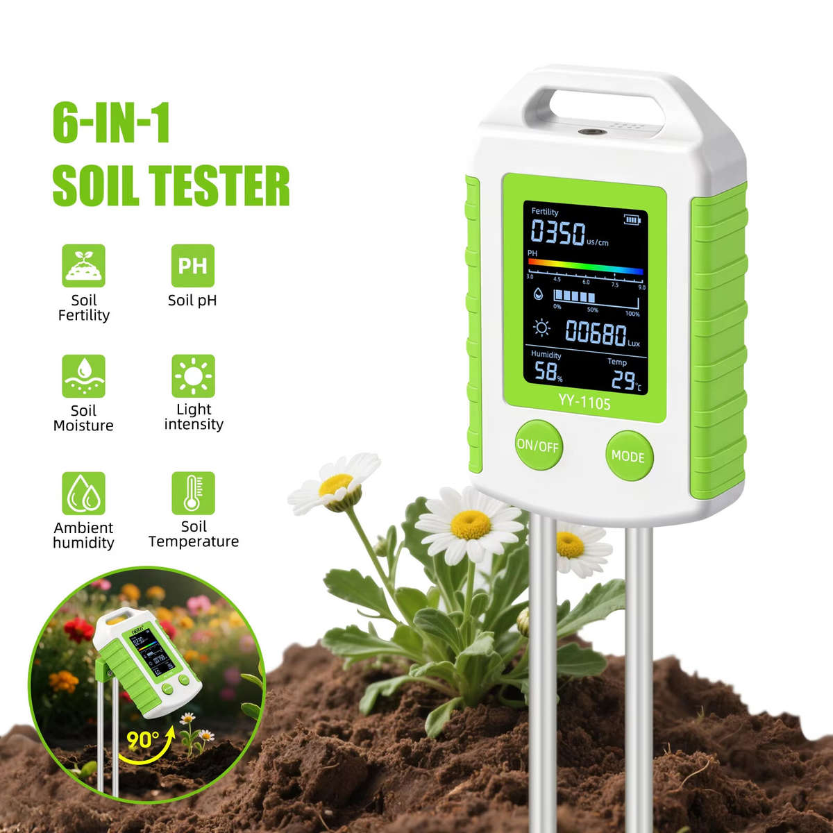 Green - 6 in 1 Soil PH Meter Fertility Moisture Light Temperature Humidity Tester High Precision Rot