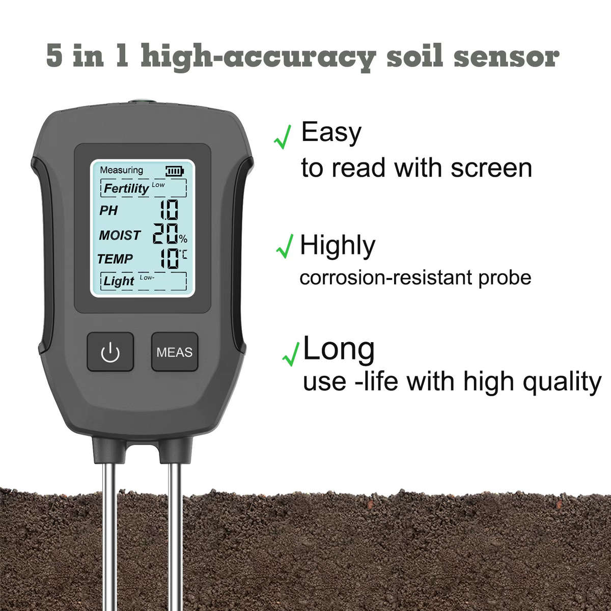 Black - 5 in 1 Soil Tester PH Moisture Temp Fertility Light Sensor Digital LCD Meter Humidity Monito