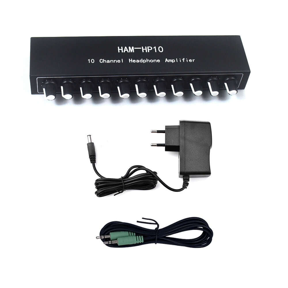 With EU Plug Cable - HAM-HP10 10 Channel Stereo Headphone Amplifier 1 Input 10 Output 12dB Gain NJM4