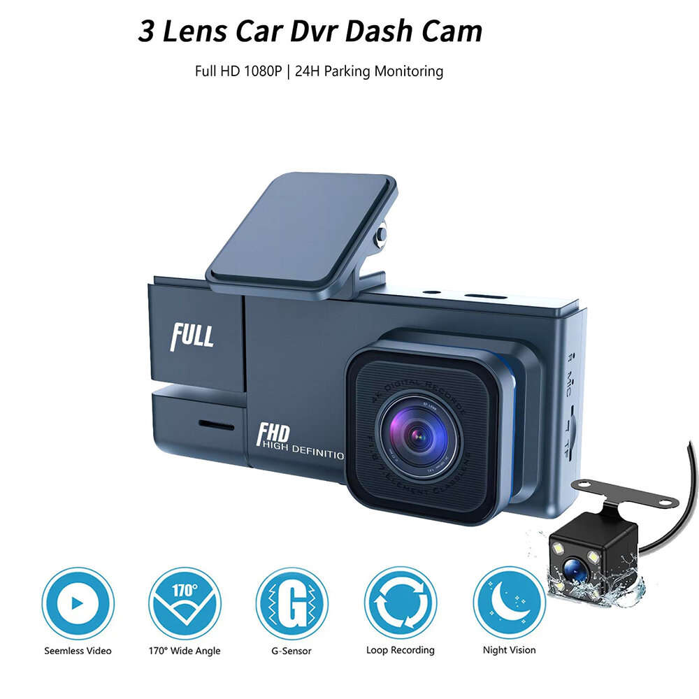 32GB - 2 Inch IPS Screen Car Dash Cam 3-Channel Driving Recorder G-sensor Loop Recording Parking Mon