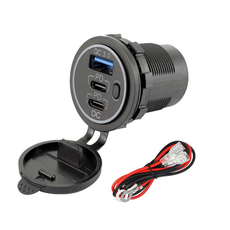Blue Light - 12-24V Triple USB Car Charger Socket QC3.0 & Two PD3.0 With ON/OFF Independent Switch F