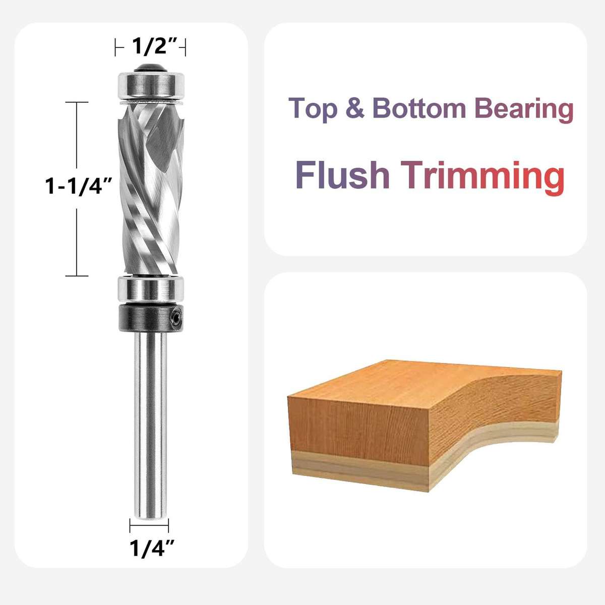 1-1/4 Inch - 1/4 Inch Shank Carbide Compression Flush Trim Router Bit with Top Bottom Bearing 1/2 In