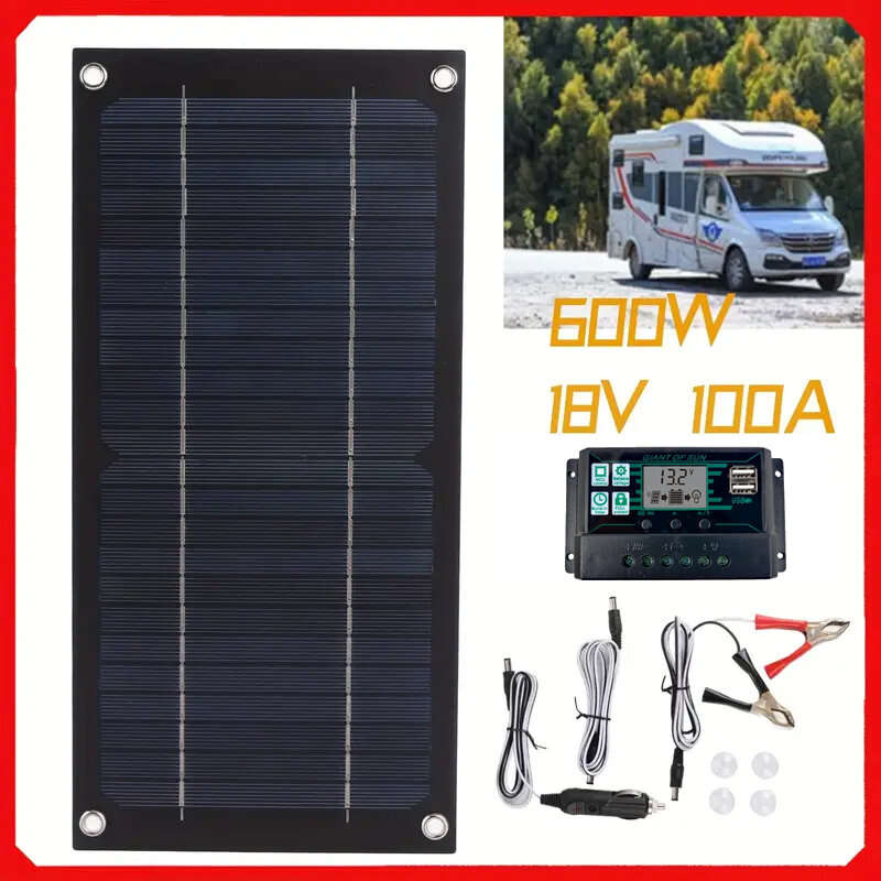 Black - High Efficiency 600W Solar Panel Charger Monocrystalline Silicon Portable Kit 100A Charge Co