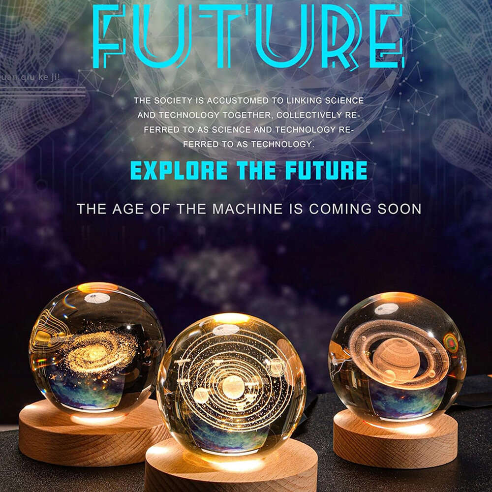 #2 - 3D Crystal Ball Night Light With Led Wooden Lamp Base Bedside Light Home Decor Christmas Gift N