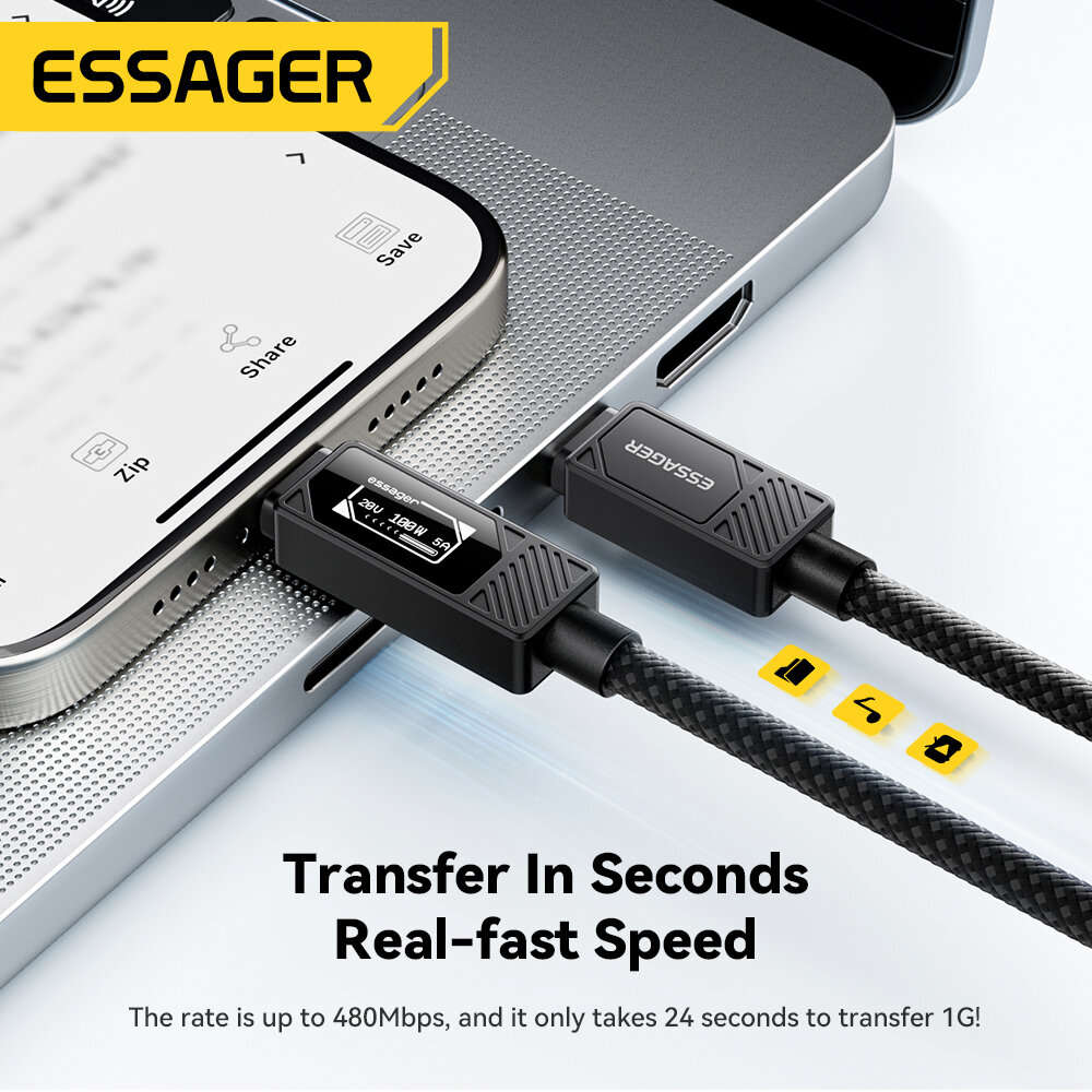 1M - ESSAGER ES-X74 5A 100W Type-C to Type-C Digital Display Cable QC4.0/3.0 PD3.0 FCP Fast Charging