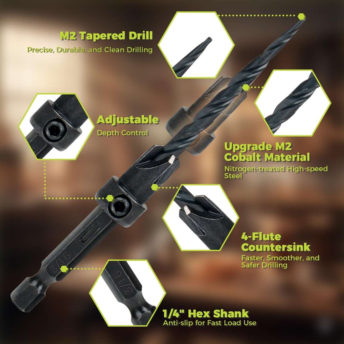 15PCS - 15PCS High Speed Steel HSS Countersink Drill Bit Set Adjustable Depth Tapered Drill Bits for