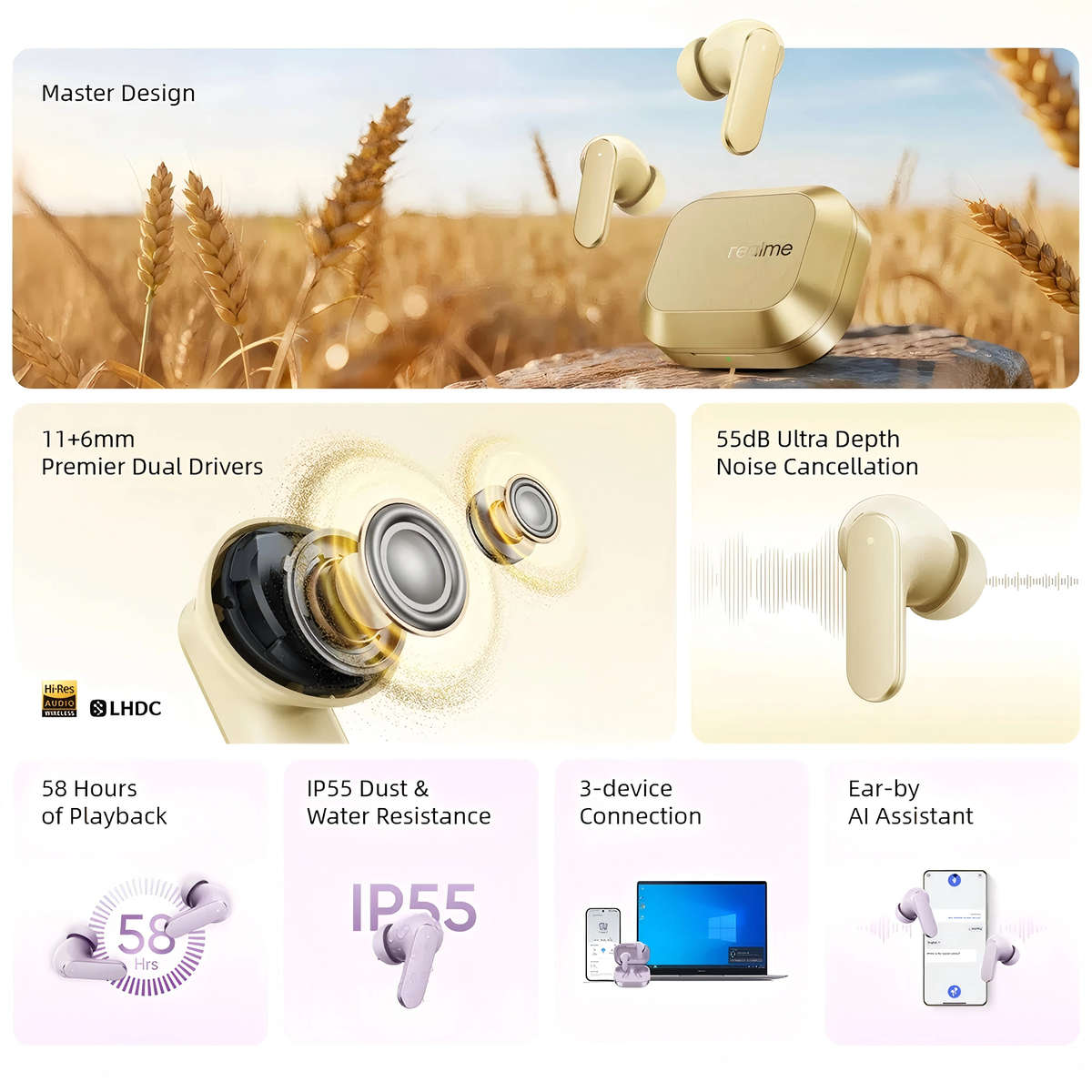 Purple - Realme Buds Air 8 TWS bluetooth 5.4 Earbuds ANC Earphone 55dB Depth Noise Cancelling 6-Mic