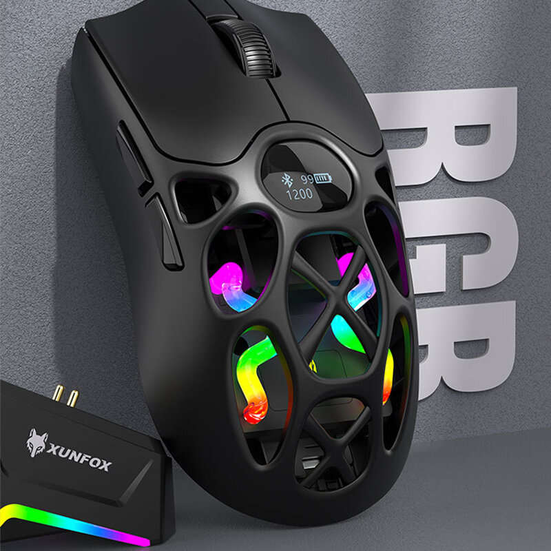 White - XUNFOX H16Pro Tri-mode RGB Gaming Mouse with Digital Screen Display 800-12000DPI Dual 1K Ret