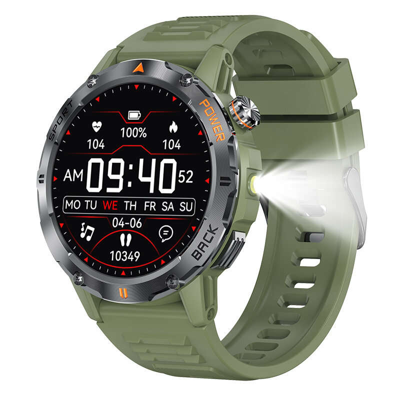 Green - YK06 1.53inch HD Screen LED Flashlight Compass 40 Days Battery Life bluetooth Call Heart Rat