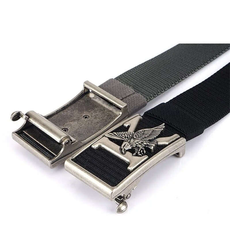 Brown - ENNIU 125cm Men's Tactical Nylon Belt Adjustable Luxury Eagle Metal Automatic Buckle Canvas