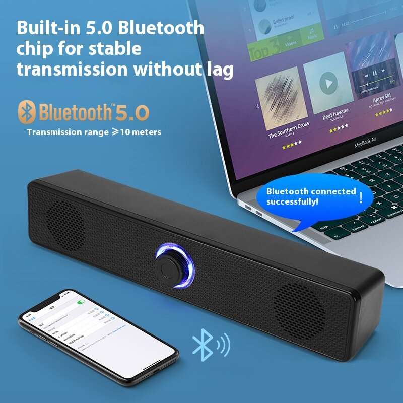 Black - E3511 Wired bluetooth Speaker Desktop Computer Soundbar Dual 52mm Speakers Independent Volum