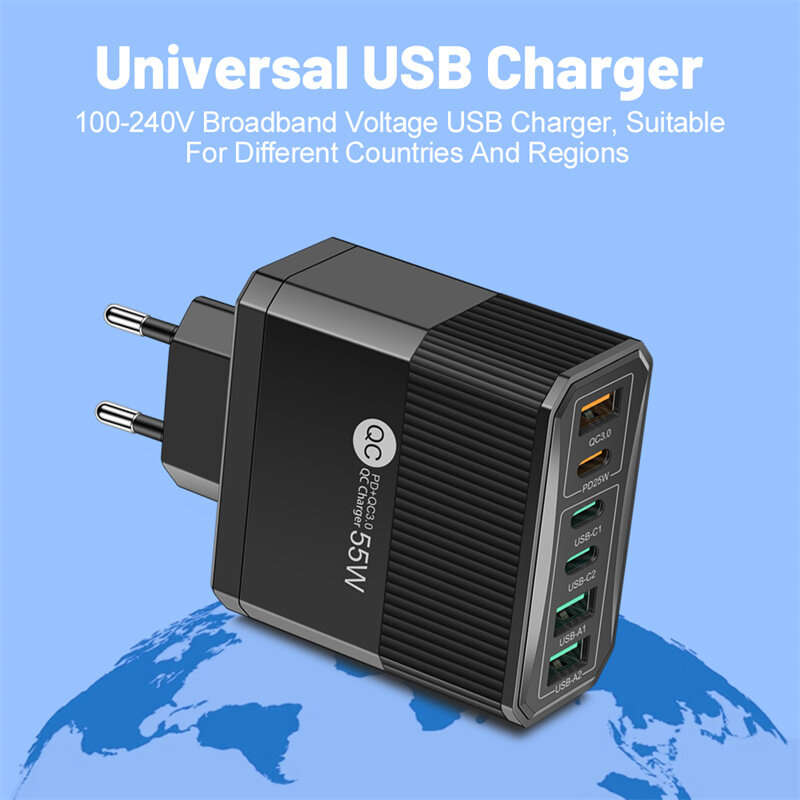 White & US Plug - BK304 PD55W 6-Port USB PD Charger 3USB-A+3USB-C PD QC3.0 Fast Charging Wall Charge
