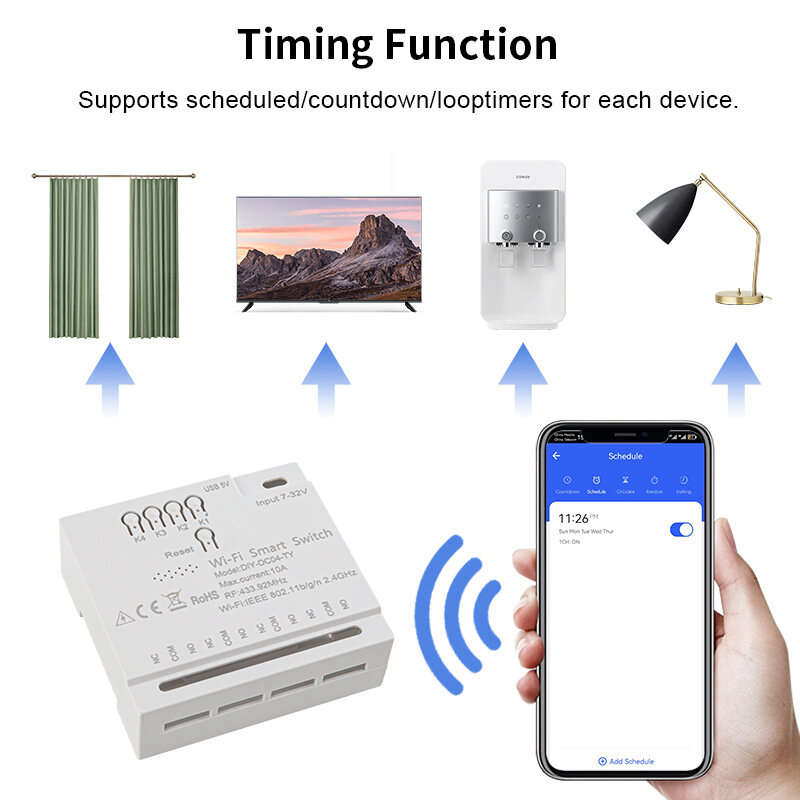 5V/7-32V - 4CH Tuya WiFi Relay Smart Wireless Switch Module 4 Channels 7-32V 85-250V 2200W RF433 Rem