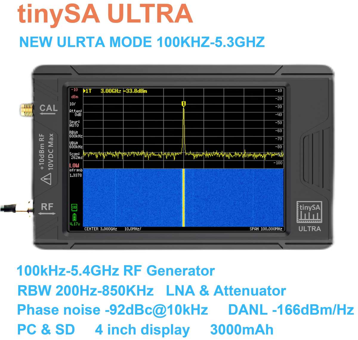 Handheld 4" Display Tiny Spectrum Analyzer TinySA ULTRA 100kHz to 5.3GHz with 32GB Card Version V0.4